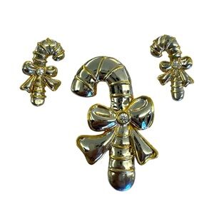 RARE Silver & Gold Candy Cane Brooch & Earrings Christmas Jewelry Set